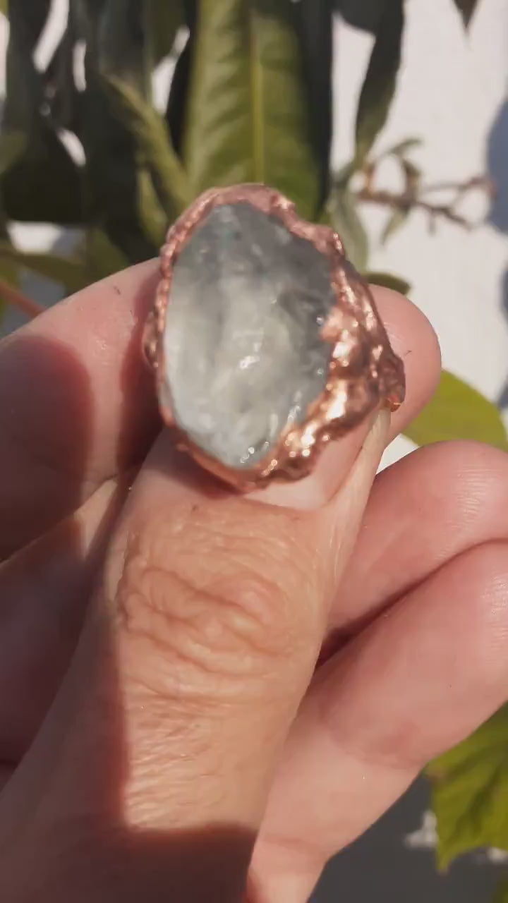 Electroformed  Copper celestite ring / rough celestite