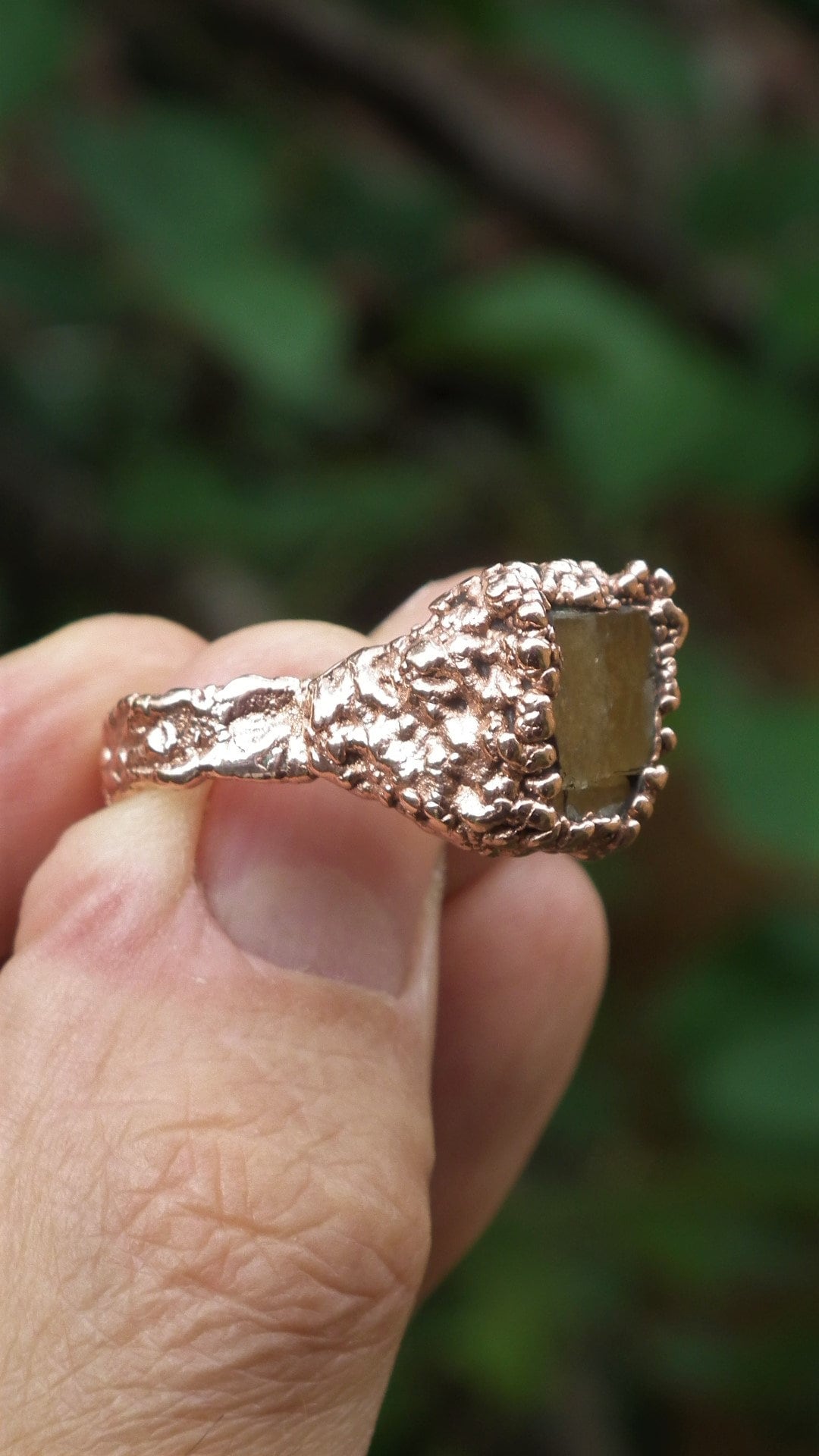 Electroformed copper raw honey calcite ring