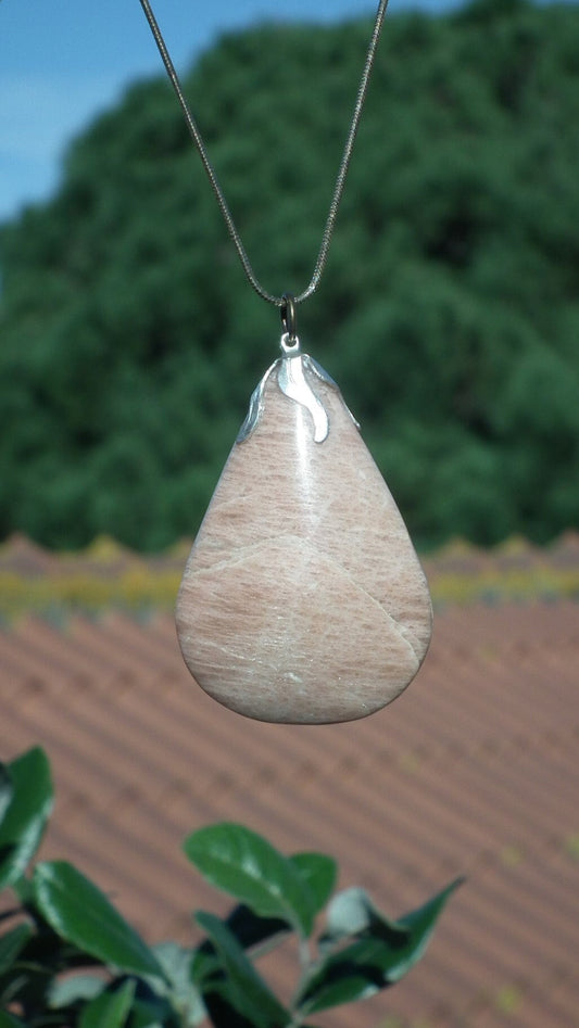 Peach moonstone necklace with silverplated bail