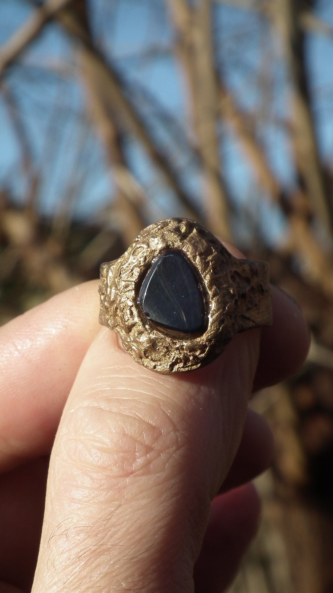 Handmade bronze black opal ring