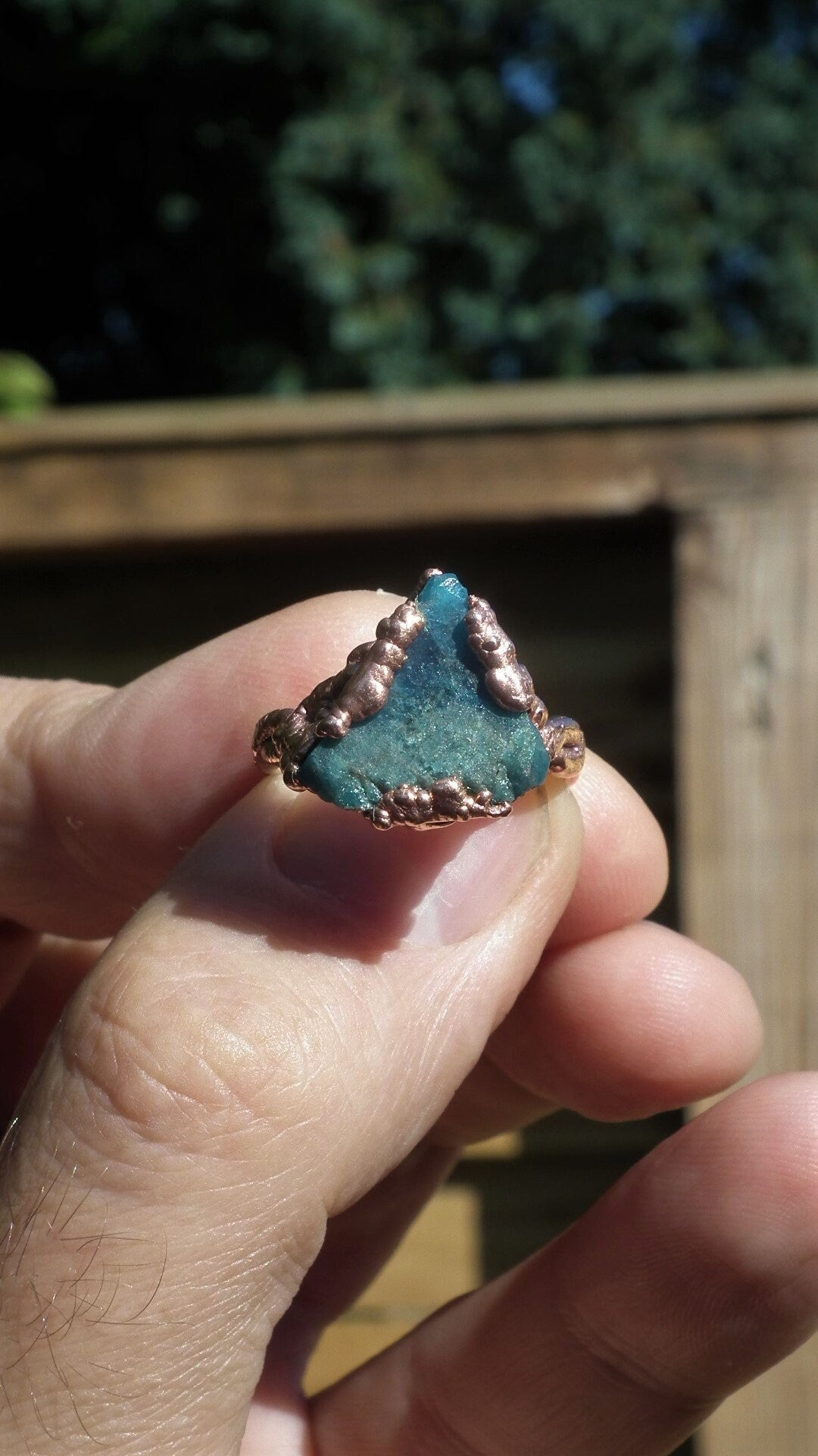 Blue apatite ring / Electroformed copper / Raw blue apatite