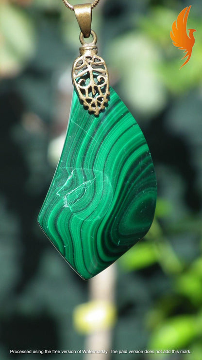 Malachite pendant with bronze bail