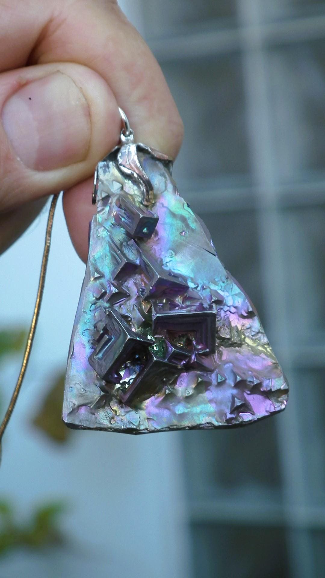 Bismuth pendant with silverplated bail, bismuth crystal