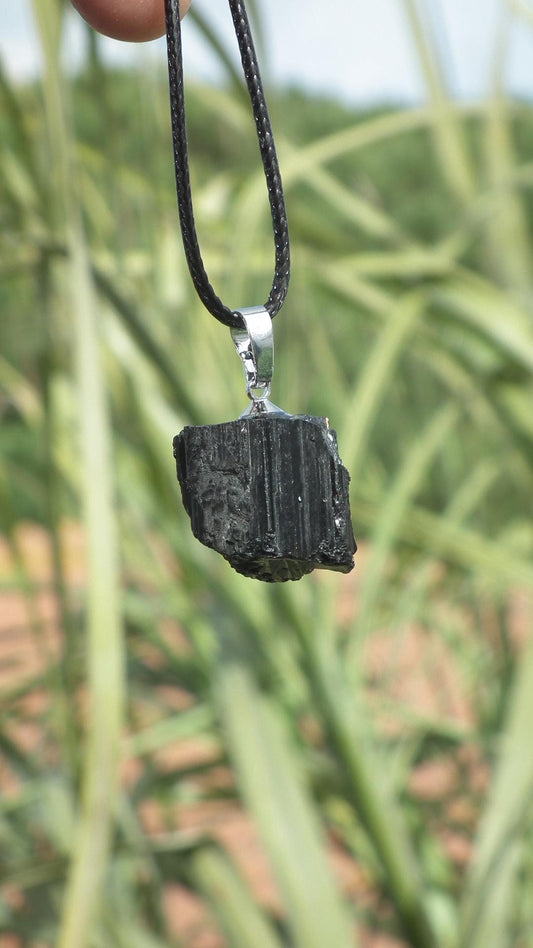 Raw black tourmaline necklace // Wax chain