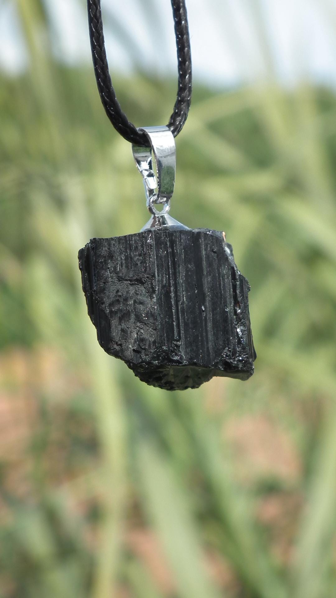 Raw black tourmaline necklace // Wax chain