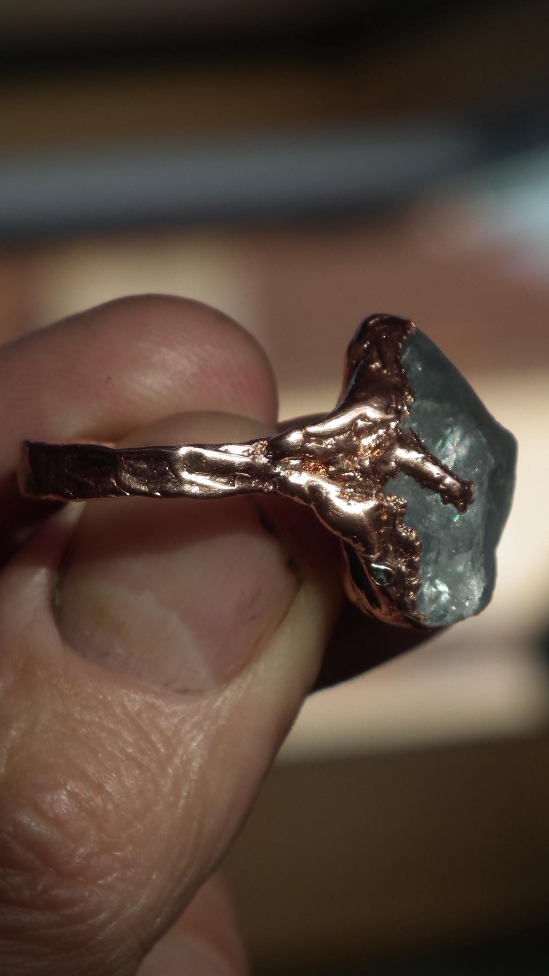 Electroformed Copper celestite ring / rough celestite