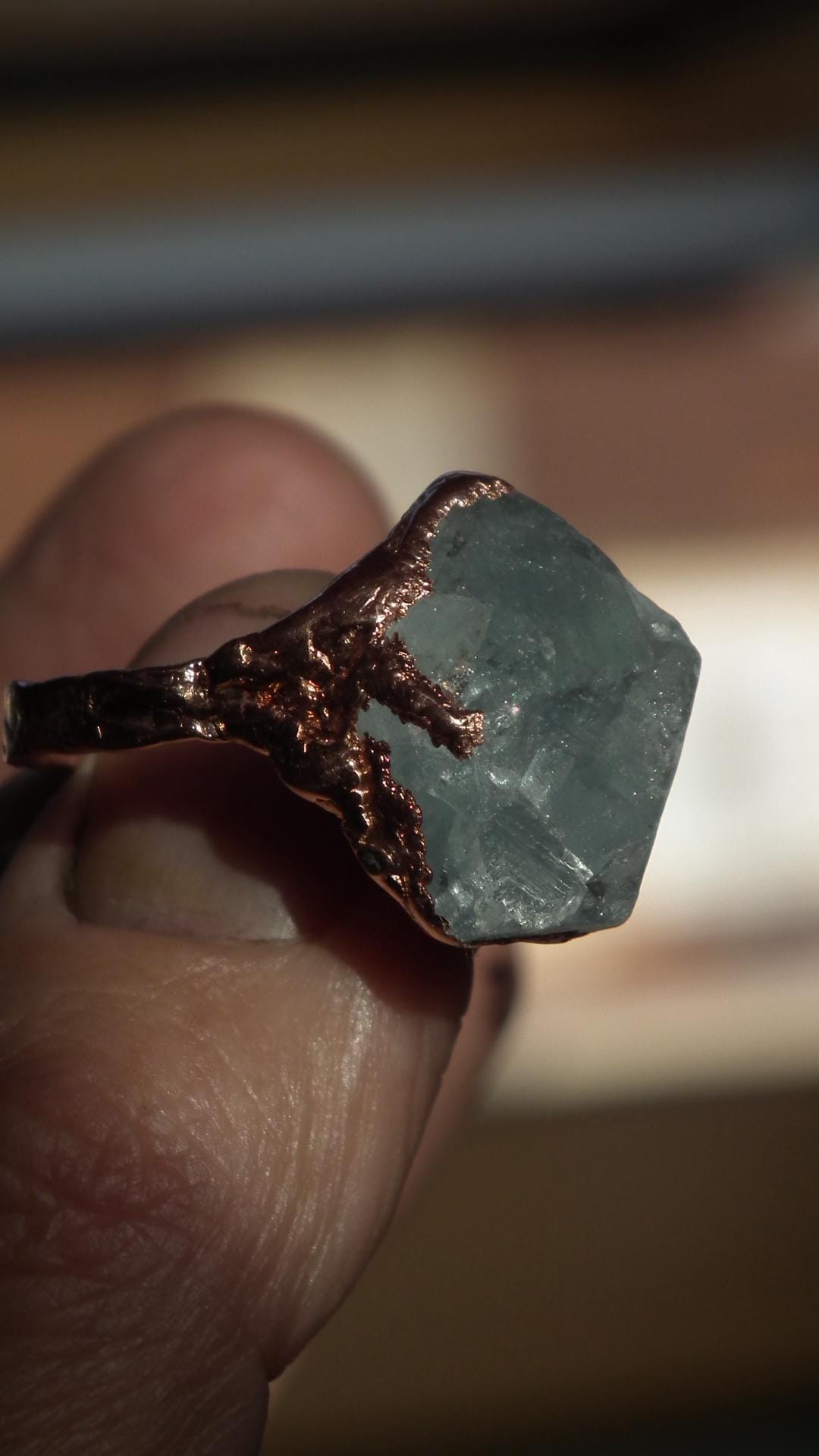 Electroformed Copper celestite ring / rough celestite