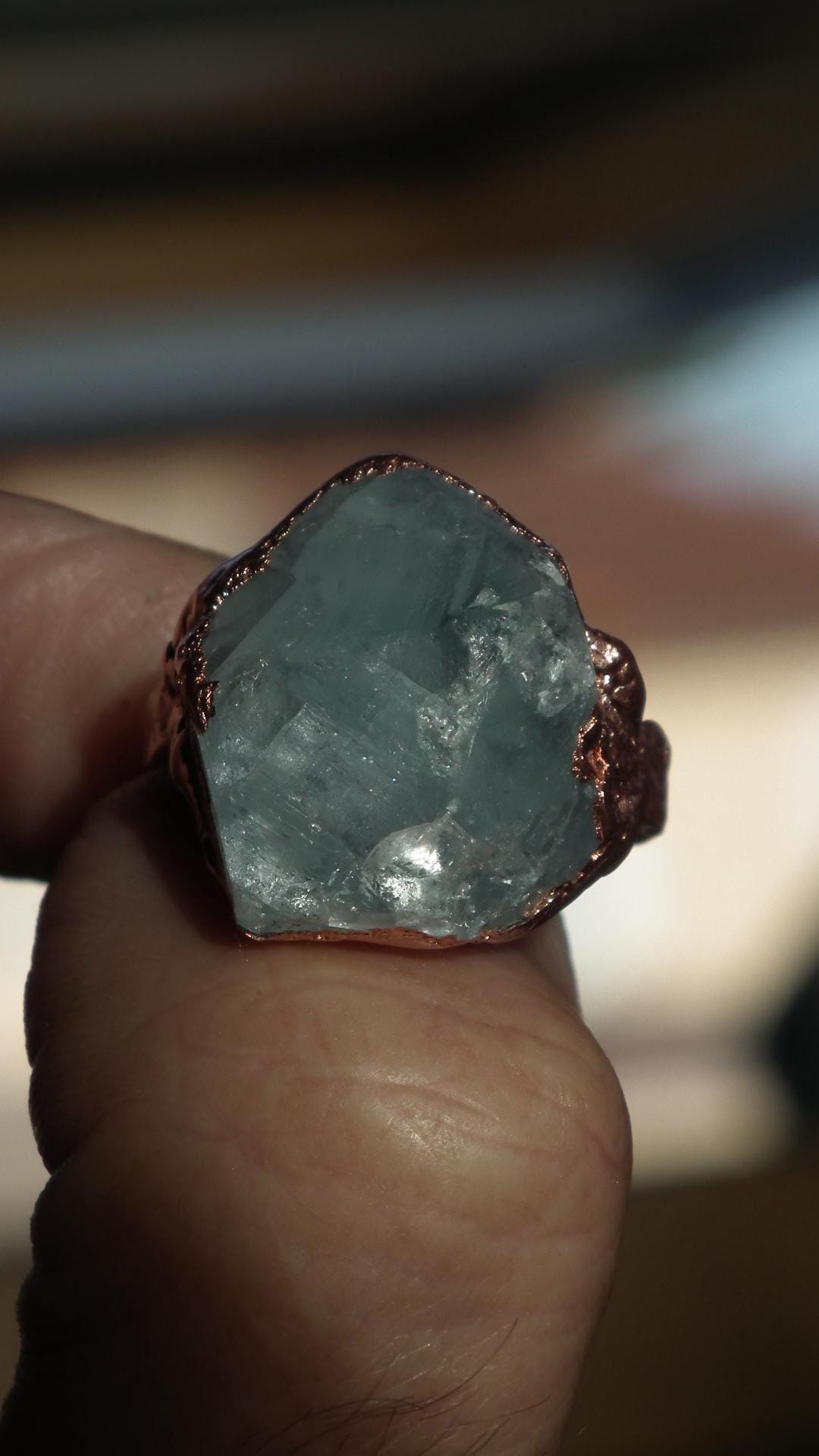 Electroformed Copper celestite ring / rough celestite