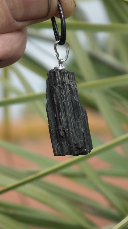 Raw black tourmaline necklace // Wax chain