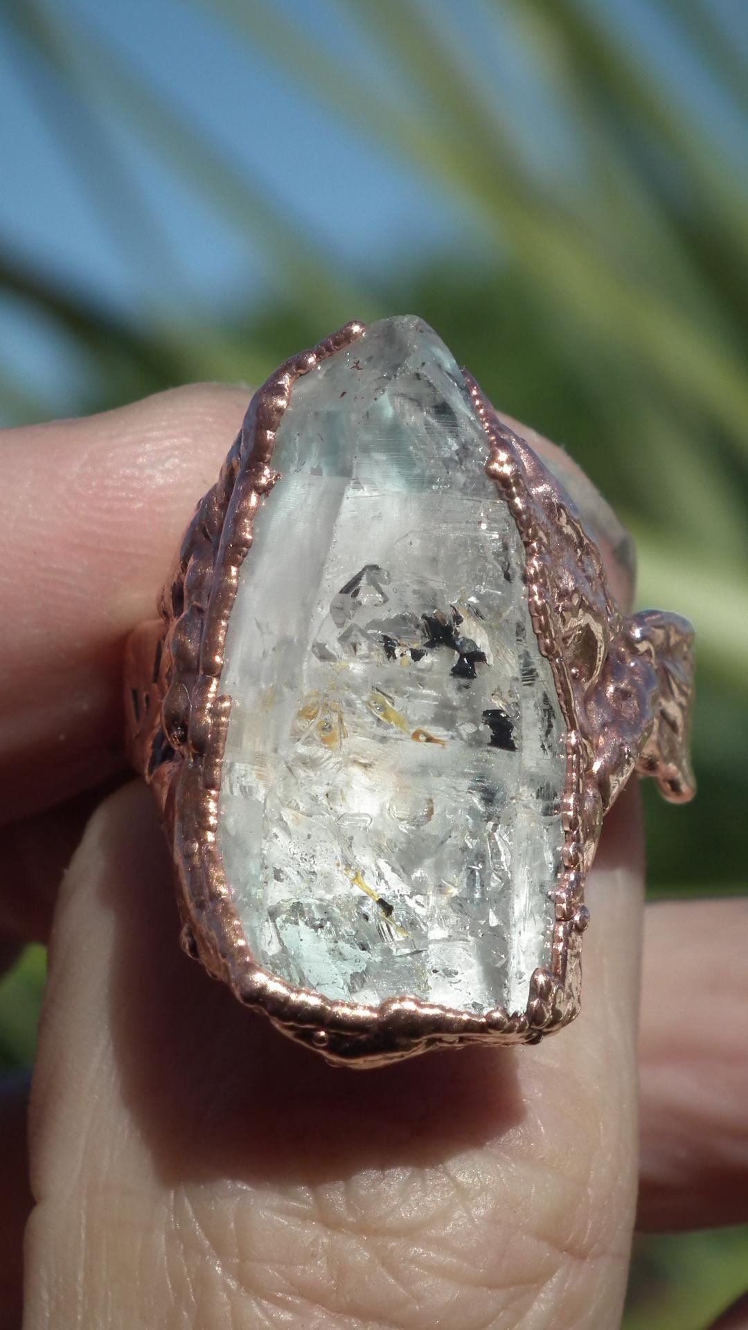 Enhydro crystal ring // Uv reactive crystal // Golden enhydro // Electroformed Copper