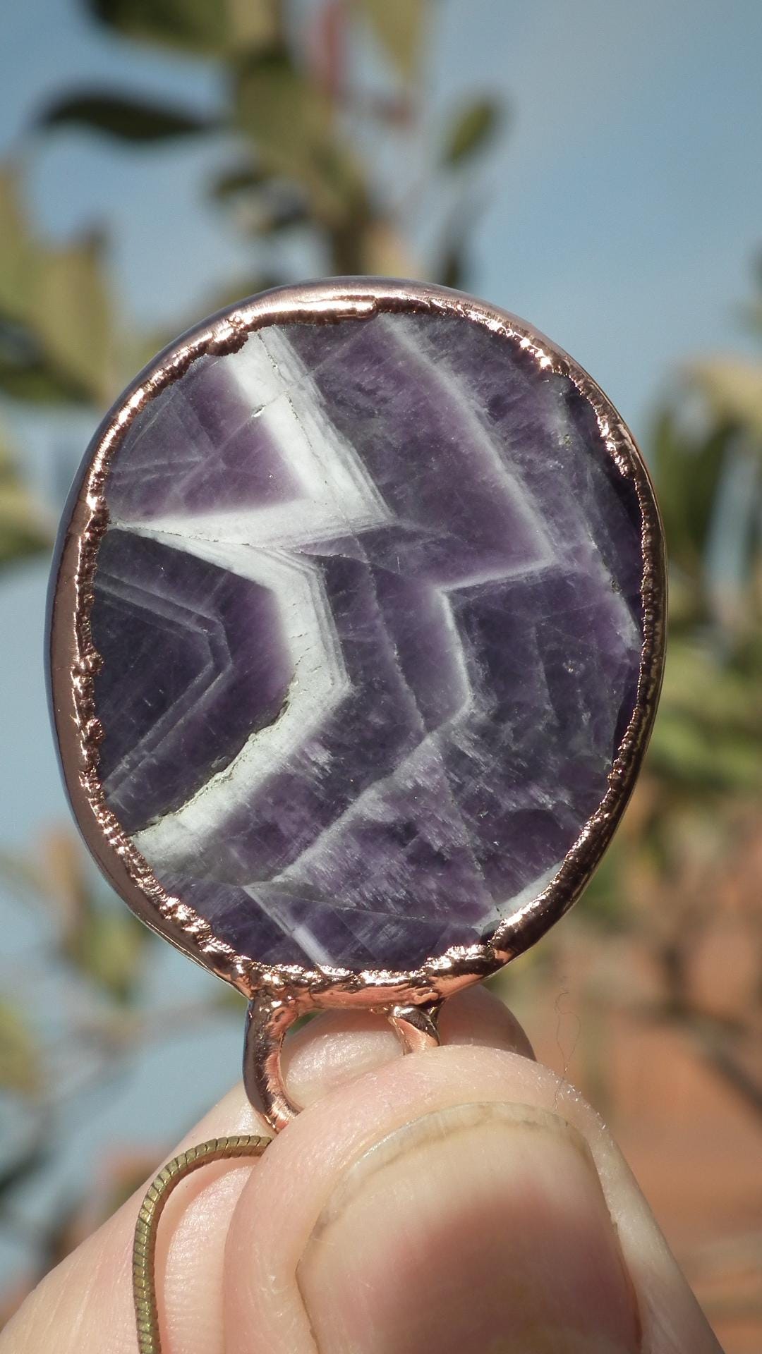 Electroformed copper Chevron "dogtheet" Amethyst pendant