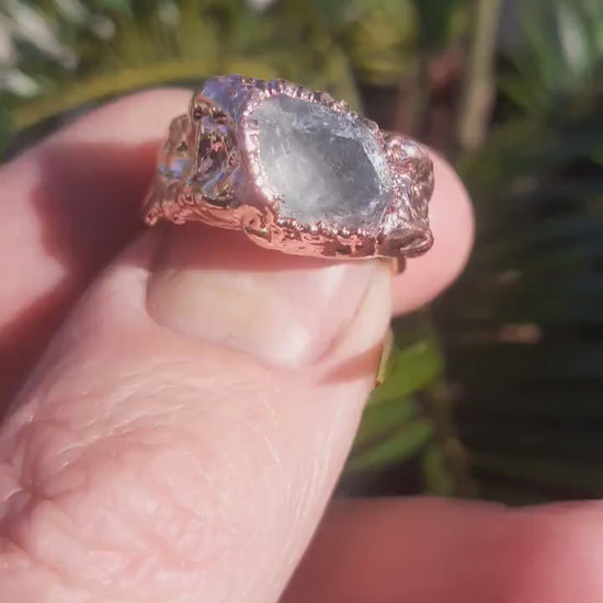 Electroformed  Copper celestite ring / rough celestite