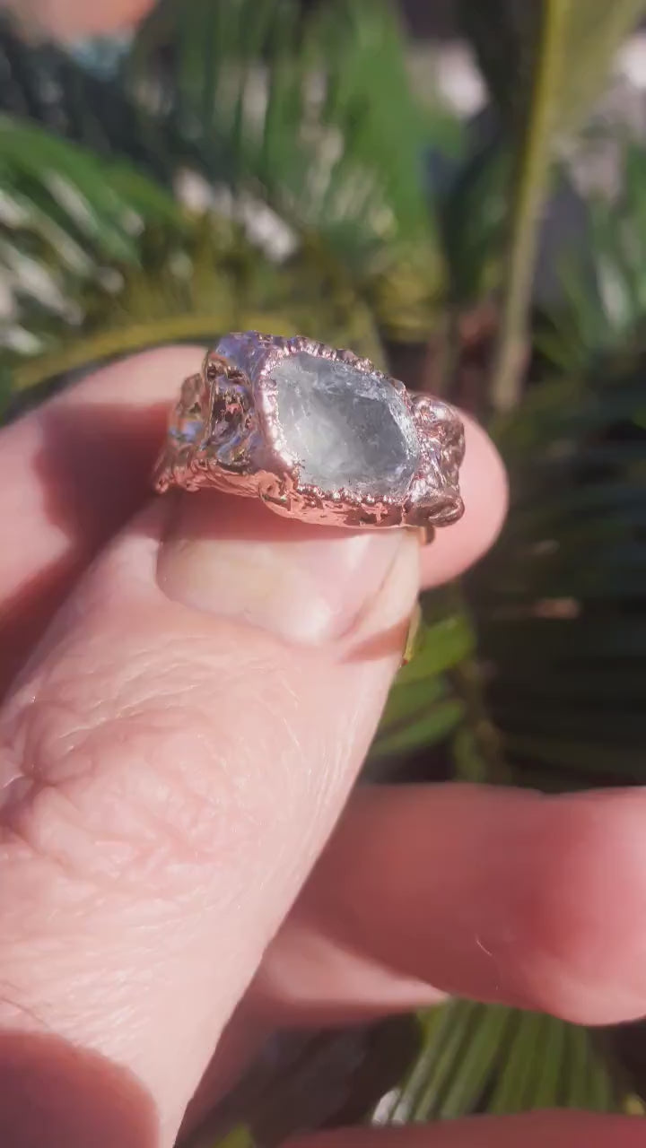 Electroformed  Copper celestite ring / rough celestite