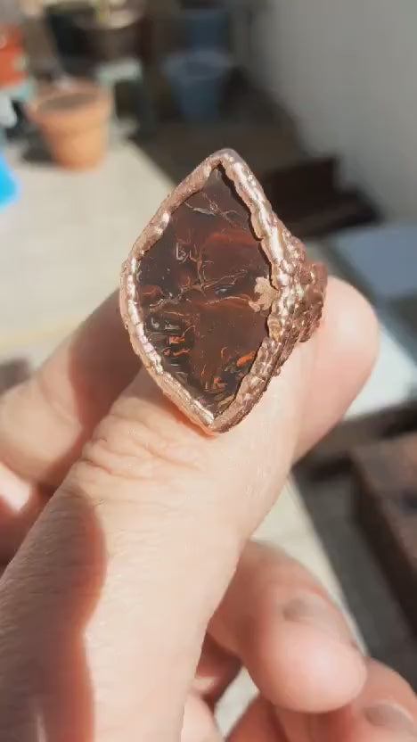 Electroformed copper koroit boulder opal ring