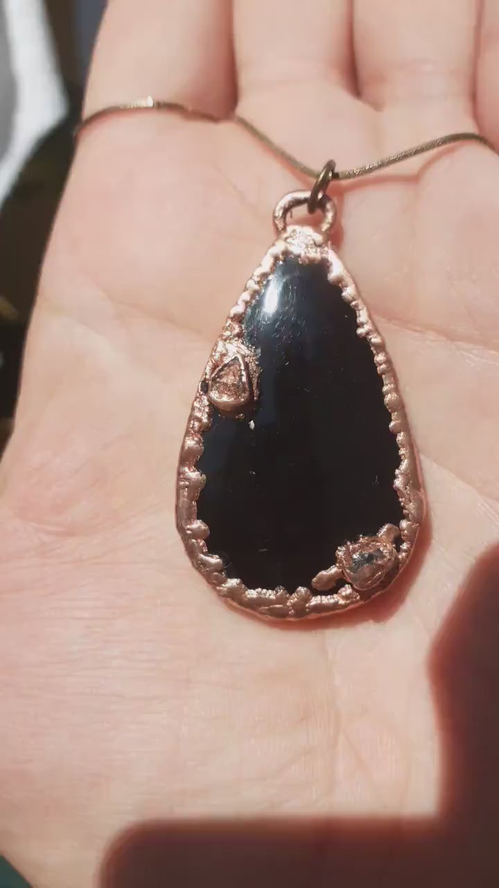 Copper Black obsidian necklace // Electroformed Copper // Free Copper Chain !