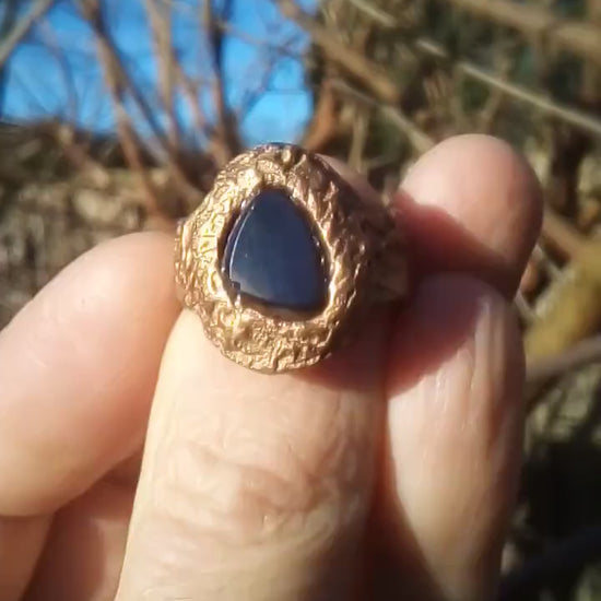 Handmade bronze black opal ring