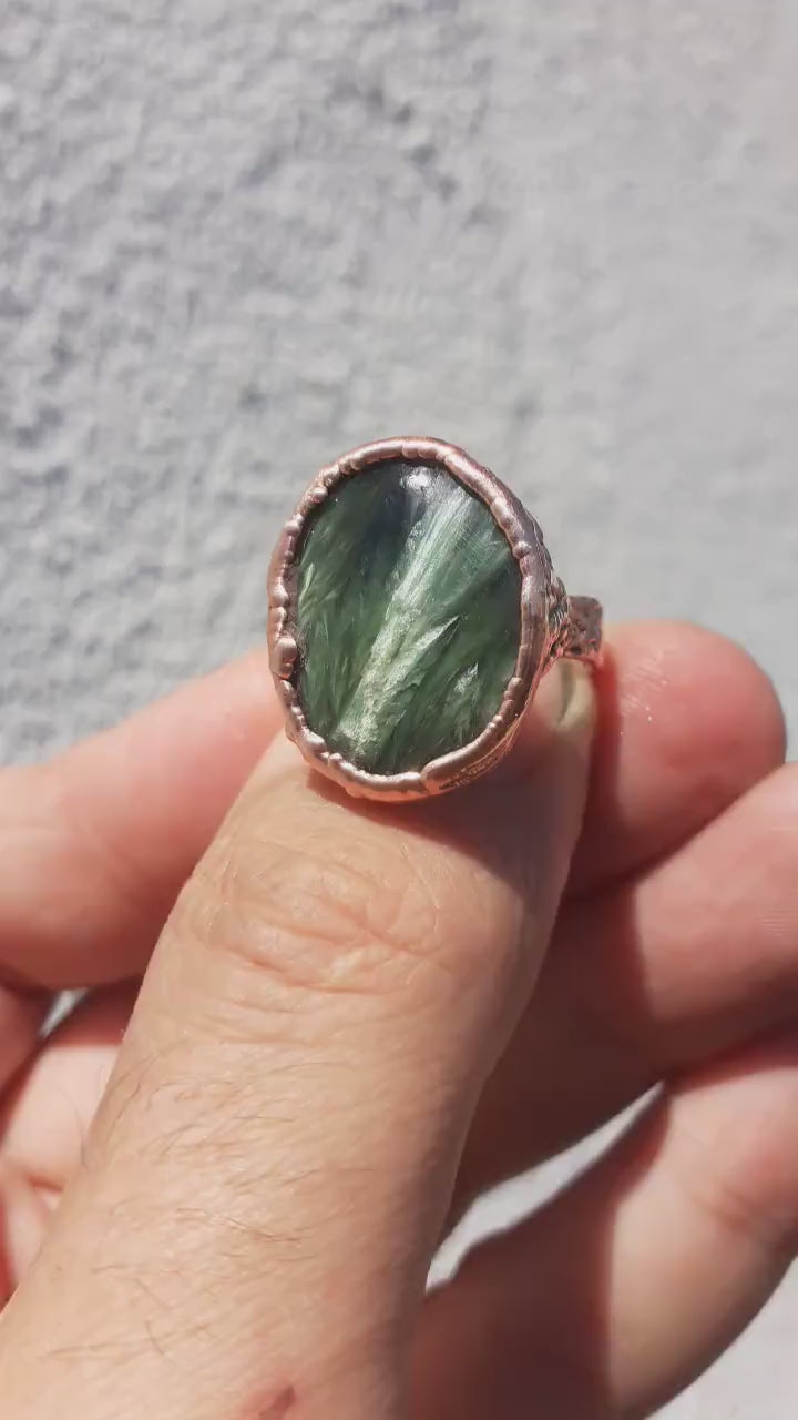 Electroformed  Copper Seraphinite ring // Seraphinite jewelry