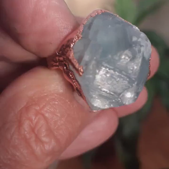 Electroformed  Copper celestite ring / rough celestite