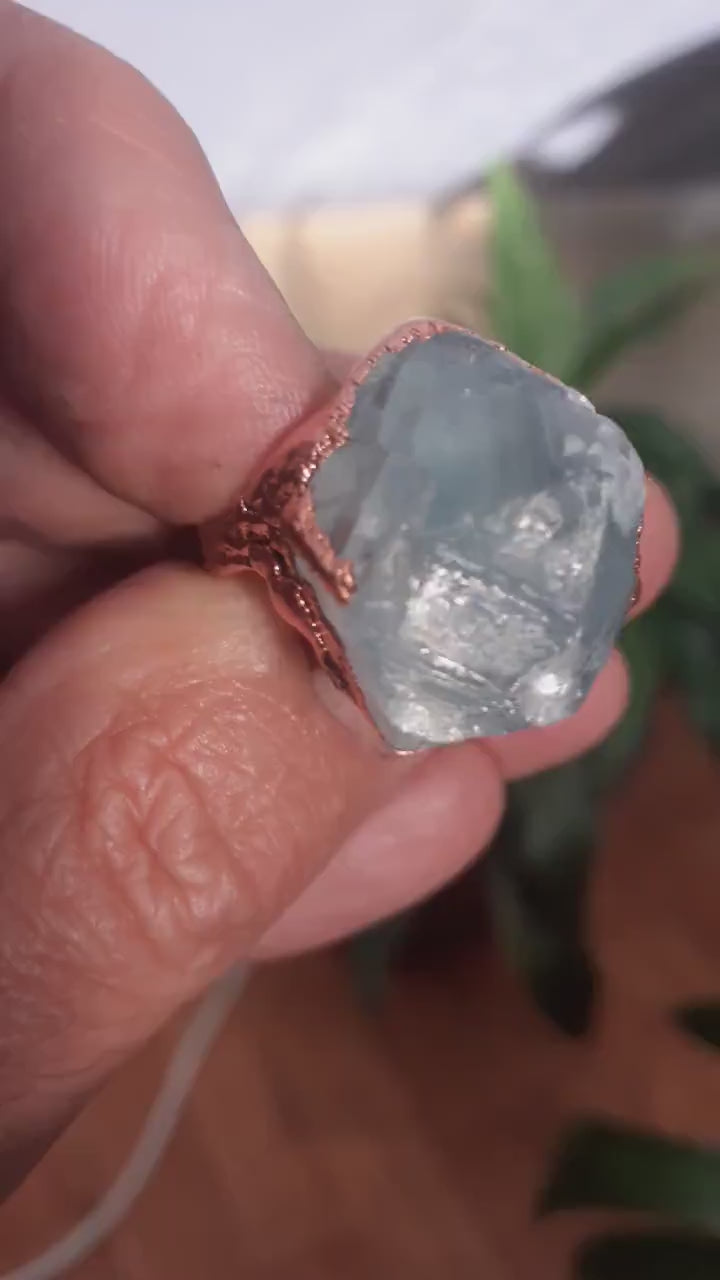 Electroformed  Copper celestite ring / rough celestite