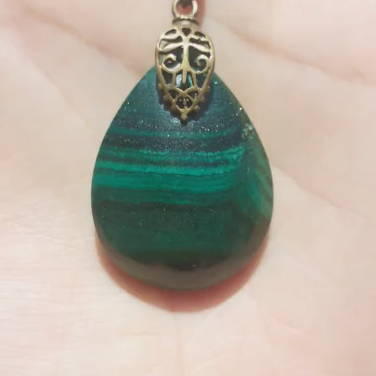 Malachite pendant with bronze bail