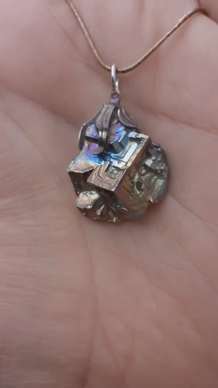 Bismuth pendant with silverplated bail, bismuth crystal, bismuth jewelry