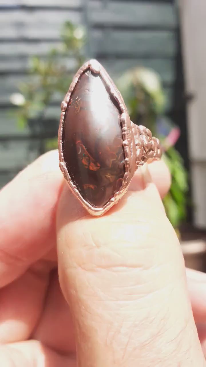 Electroformed copper koroit boulder opal ring