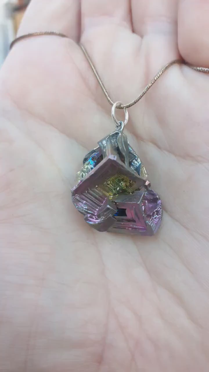 Bismuth pendant with silverplated bail, bismuth crystal, bismuth jewelry