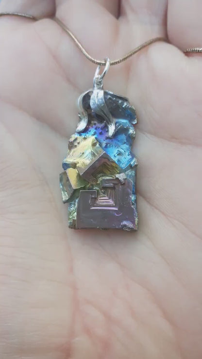 Bismuth pendant with silverplated bail, bismuth crystal