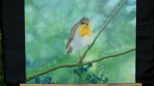 Robin in a holly oil painting, Original oil painting, Bird painting
