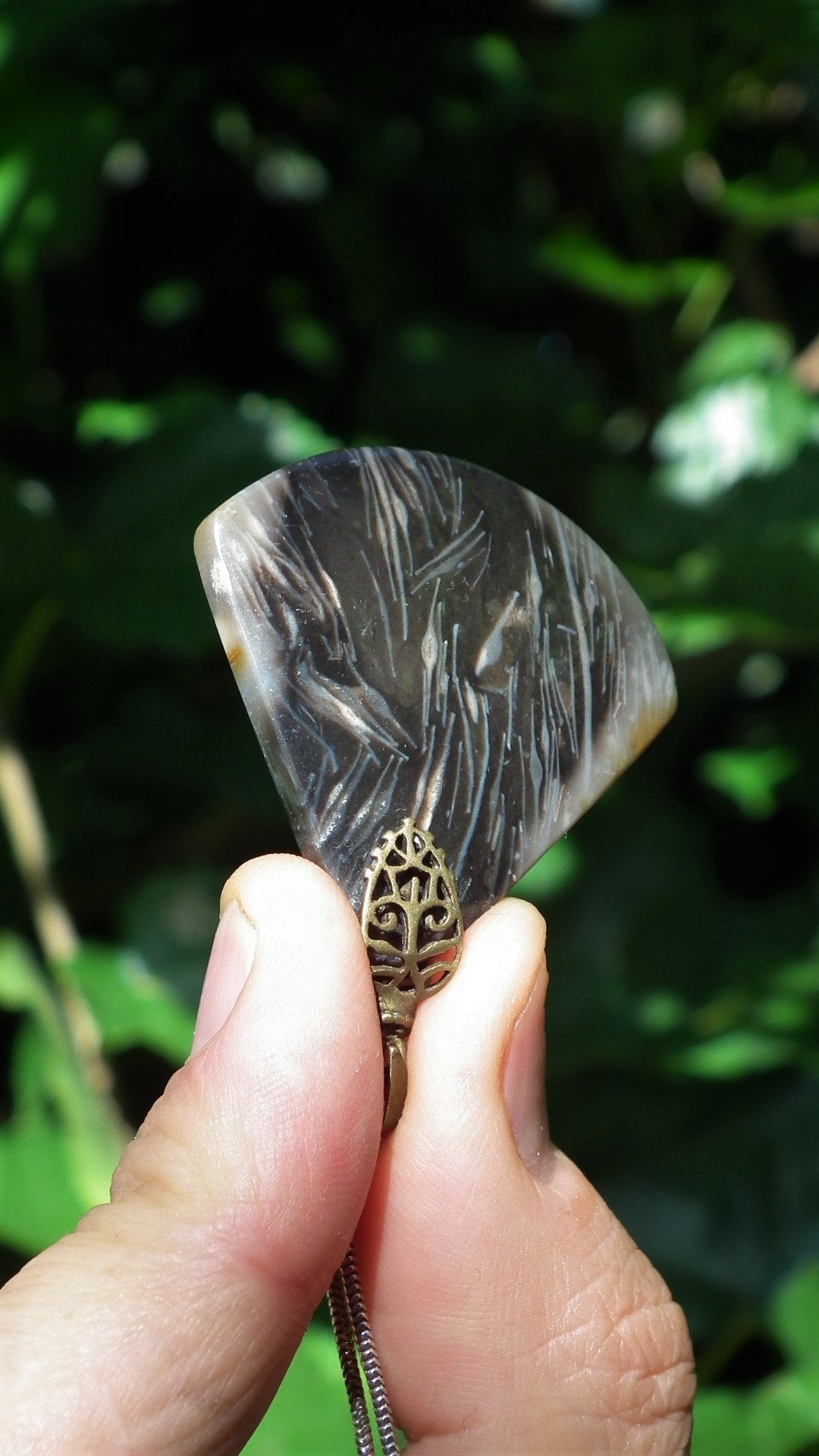 Feather Agate pendant with bronze bail