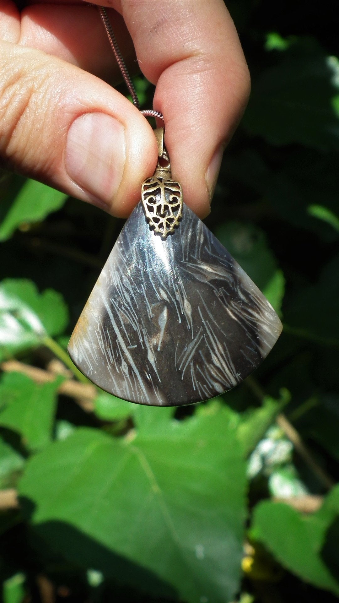 Feather Agate pendant with bronze bail