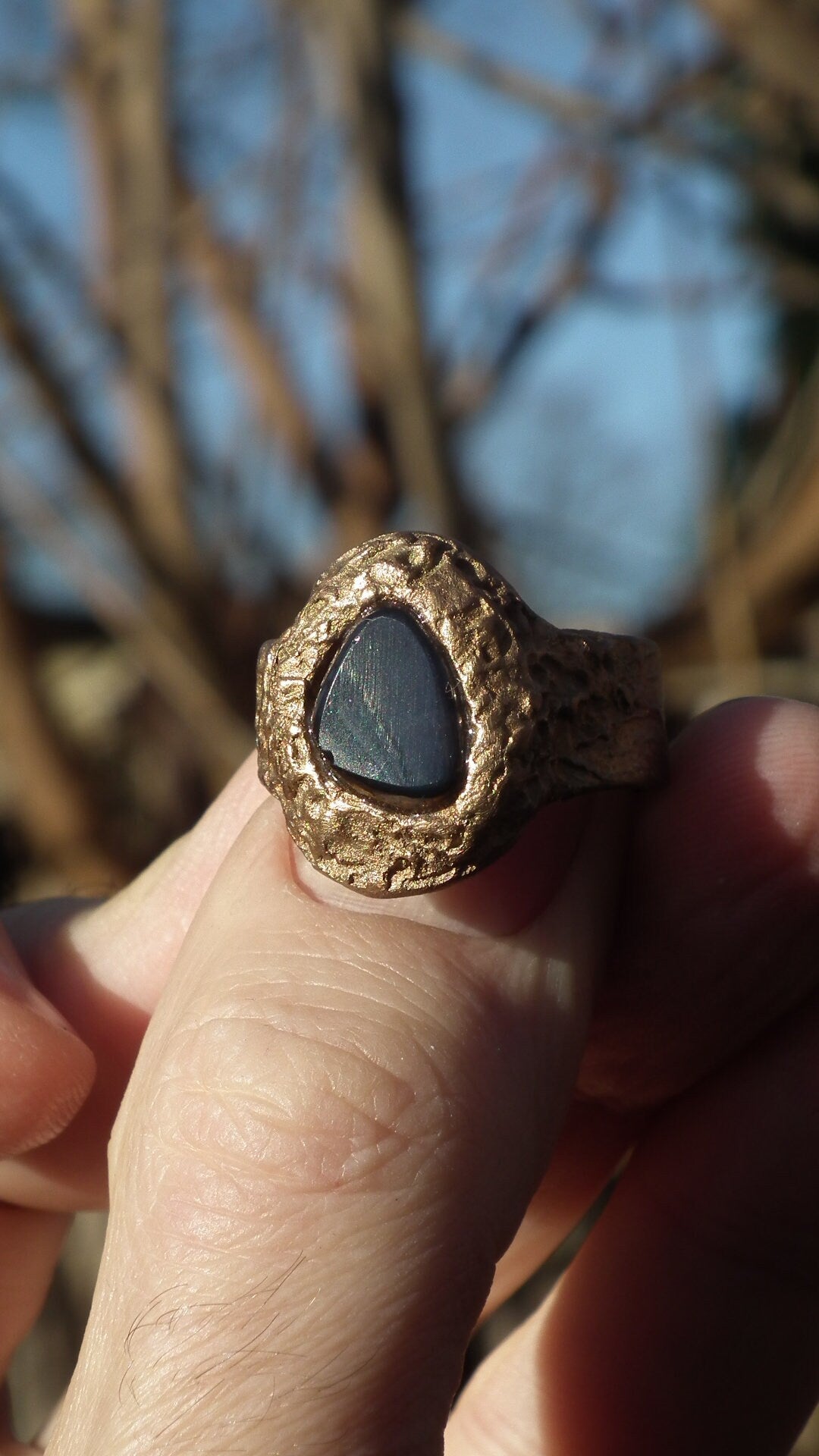 Handmade bronze black opal ring