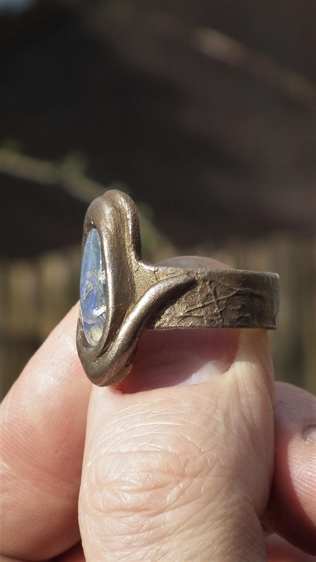 Handmade Bronze blue opal ring with handcut Australian Opal