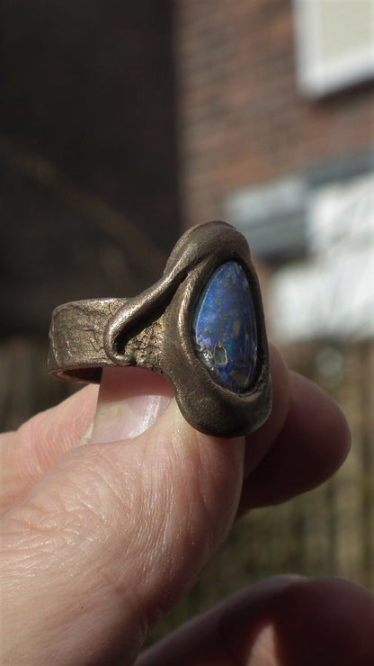 Handmade Bronze blue opal ring with handcut Australian Opal