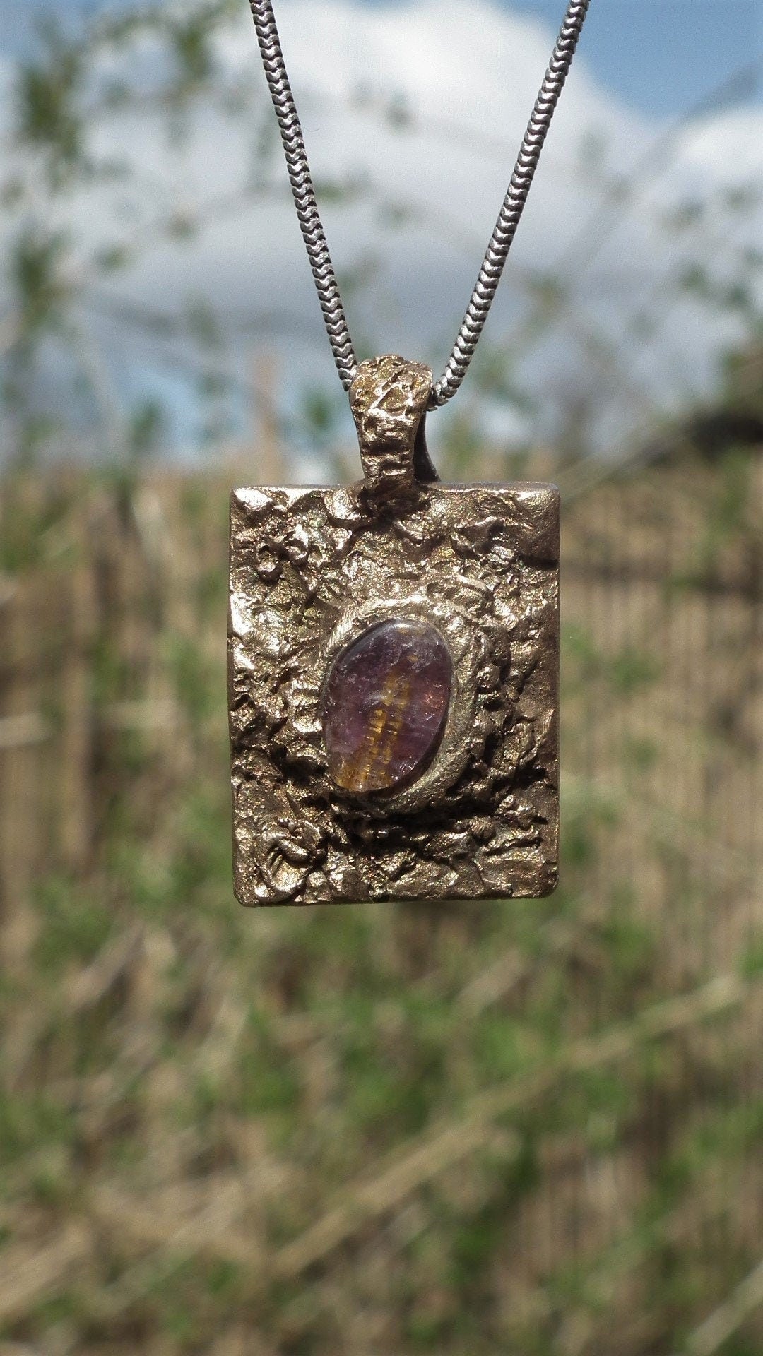 Handmade bronze Super 7 pendant, Amethyst cacoxenite, super 7 gemstone