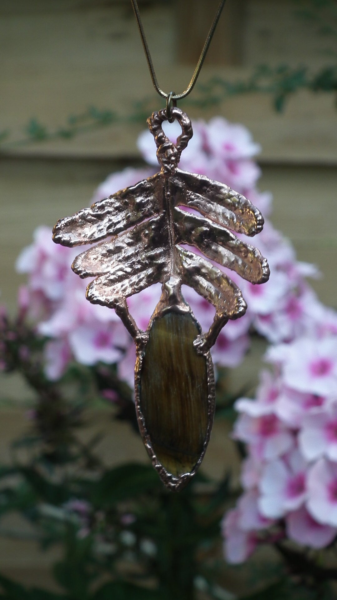 Electroformed Copper Fern pendant with Tigereye // Free copper chain