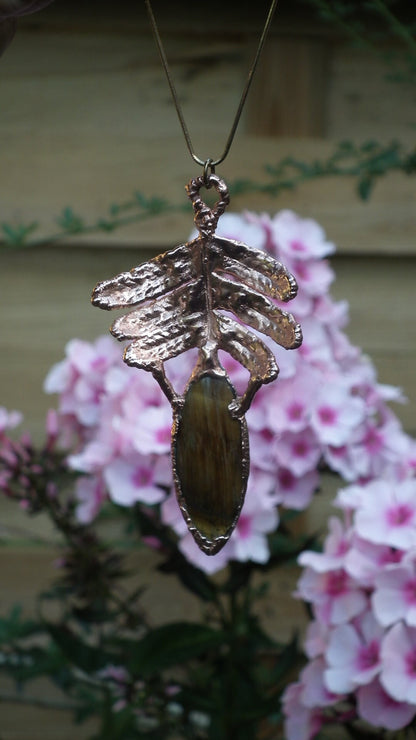 Electroformed Copper Fern pendant with Tigereye // Free copper chain