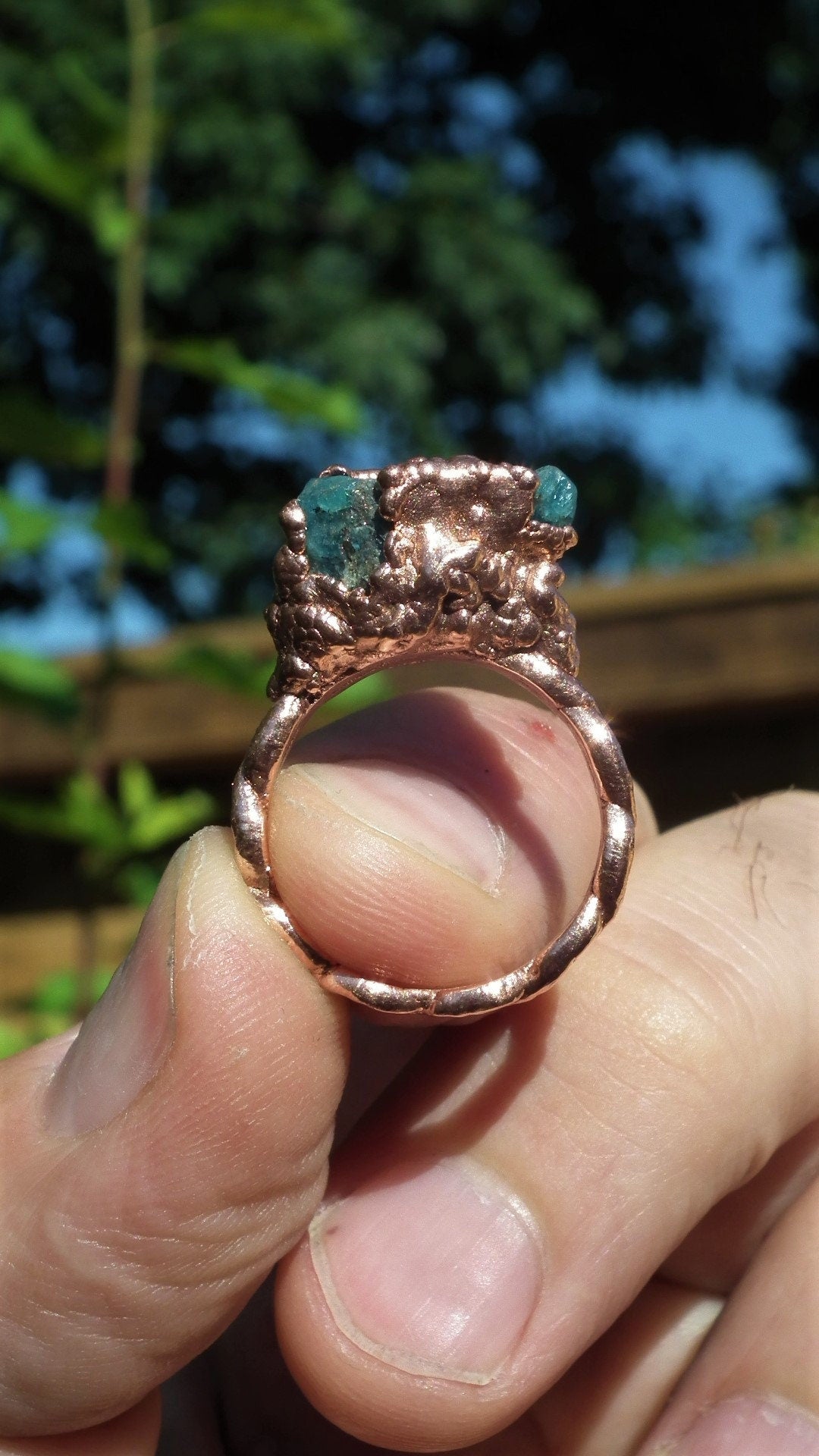 Blue apatite ring / Electroformed copper / Raw blue apatite