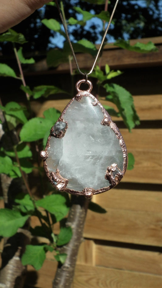 Milky quartz pendant / Electroformed copper / Free Copper Chain