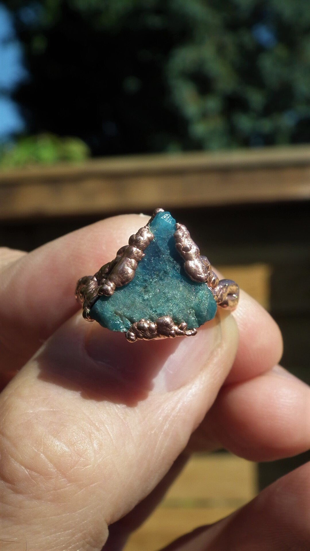 Blue apatite ring / Electroformed copper / Raw blue apatite