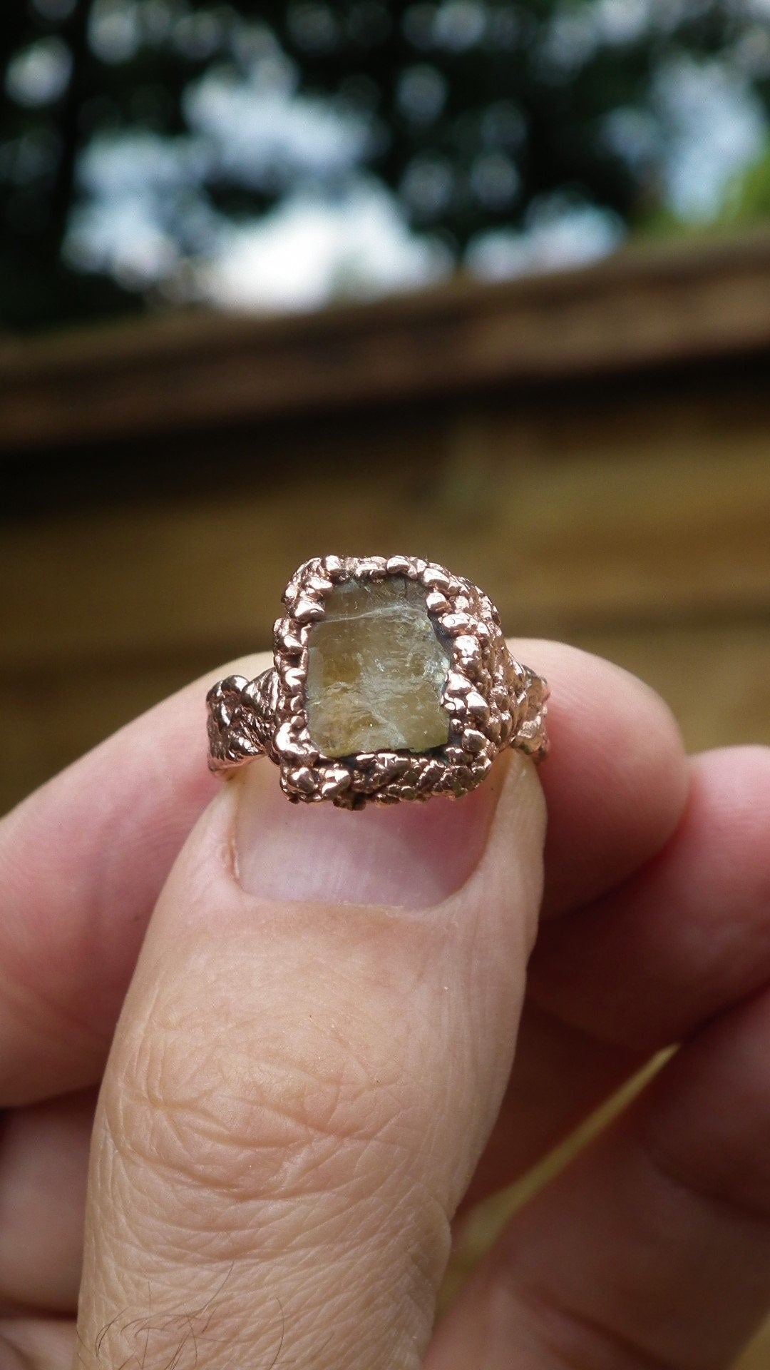 Electroformed copper raw honey calcite ring