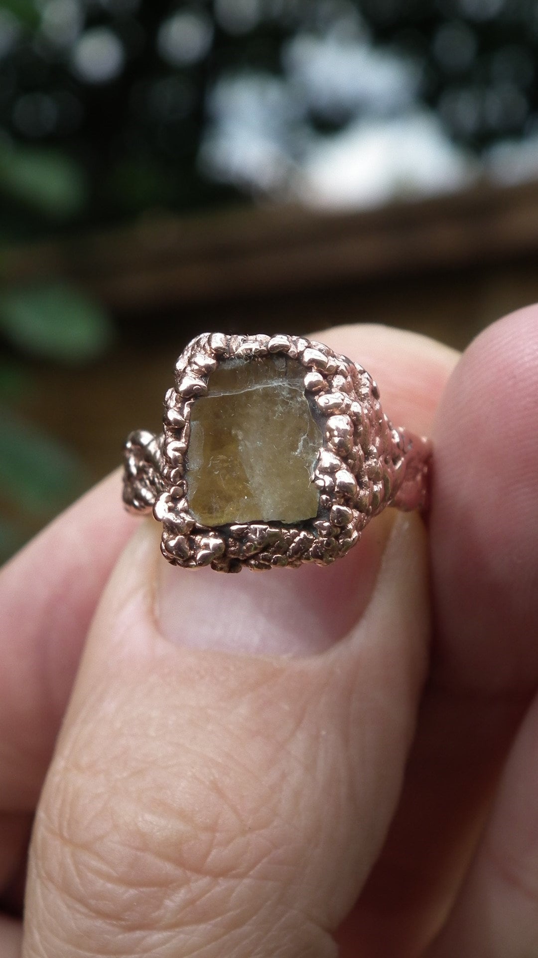 Electroformed copper raw honey calcite ring