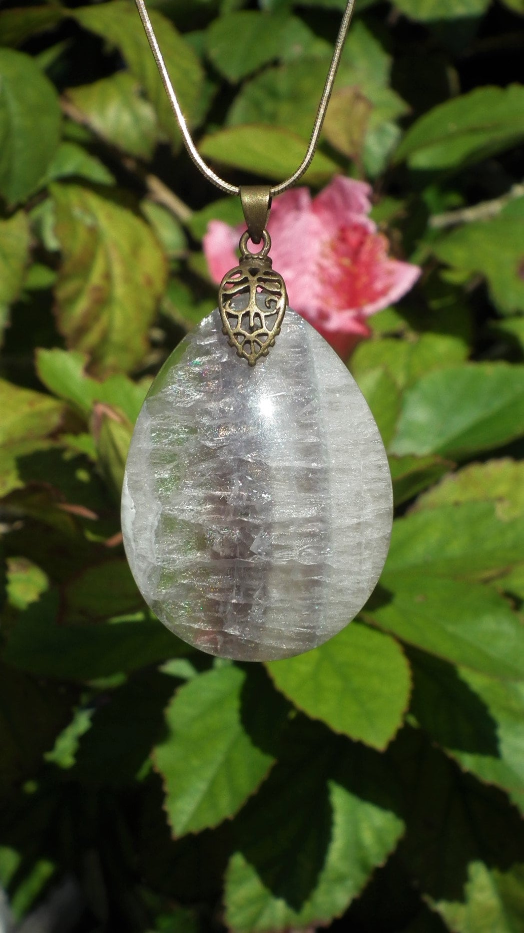 Fluorite pendant with bronze bail
