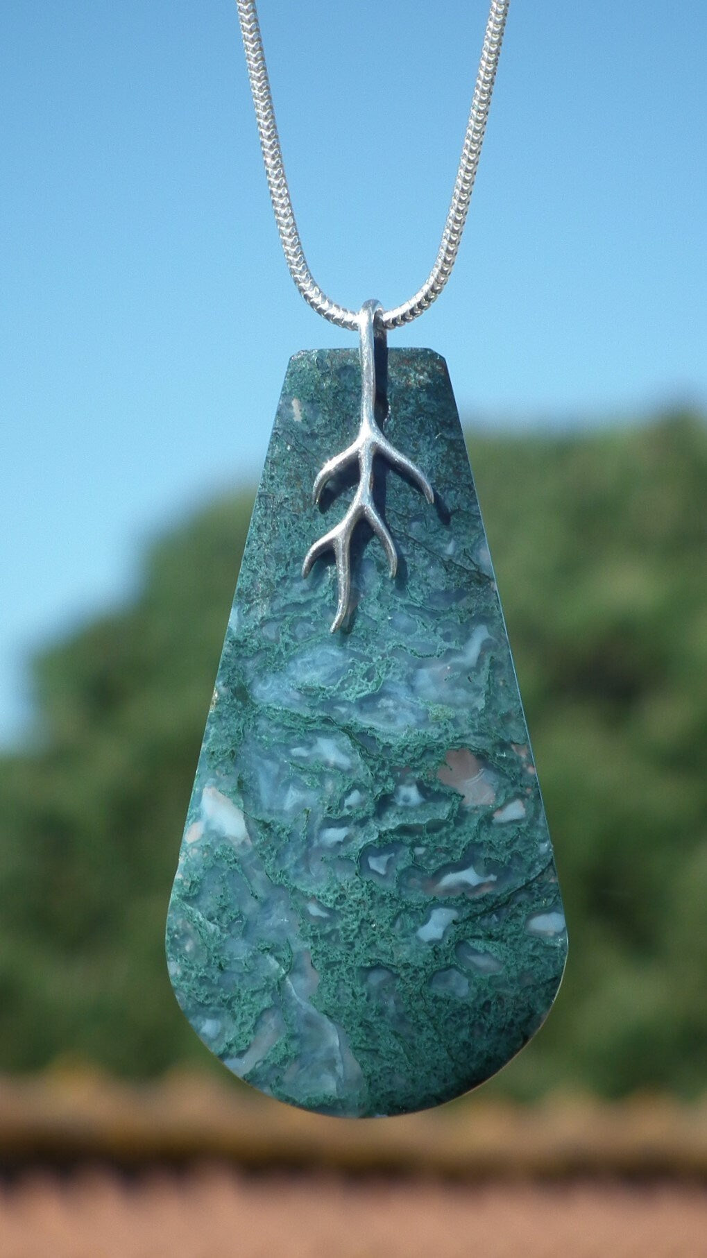 Moss agate necklace with Sterling silver bail // and 50 cm Snake Chain