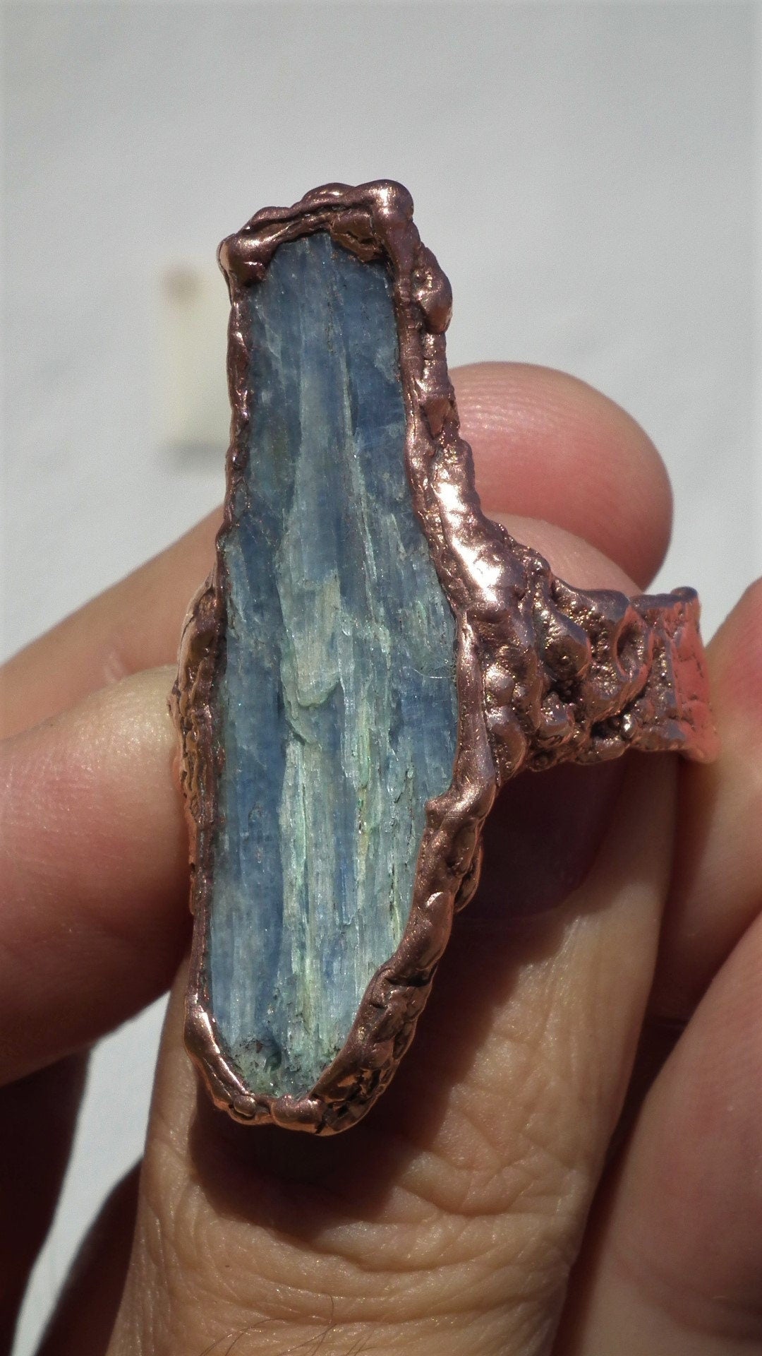 Blue kyanite ring large / Electroformed copper / Raw blue kyanite