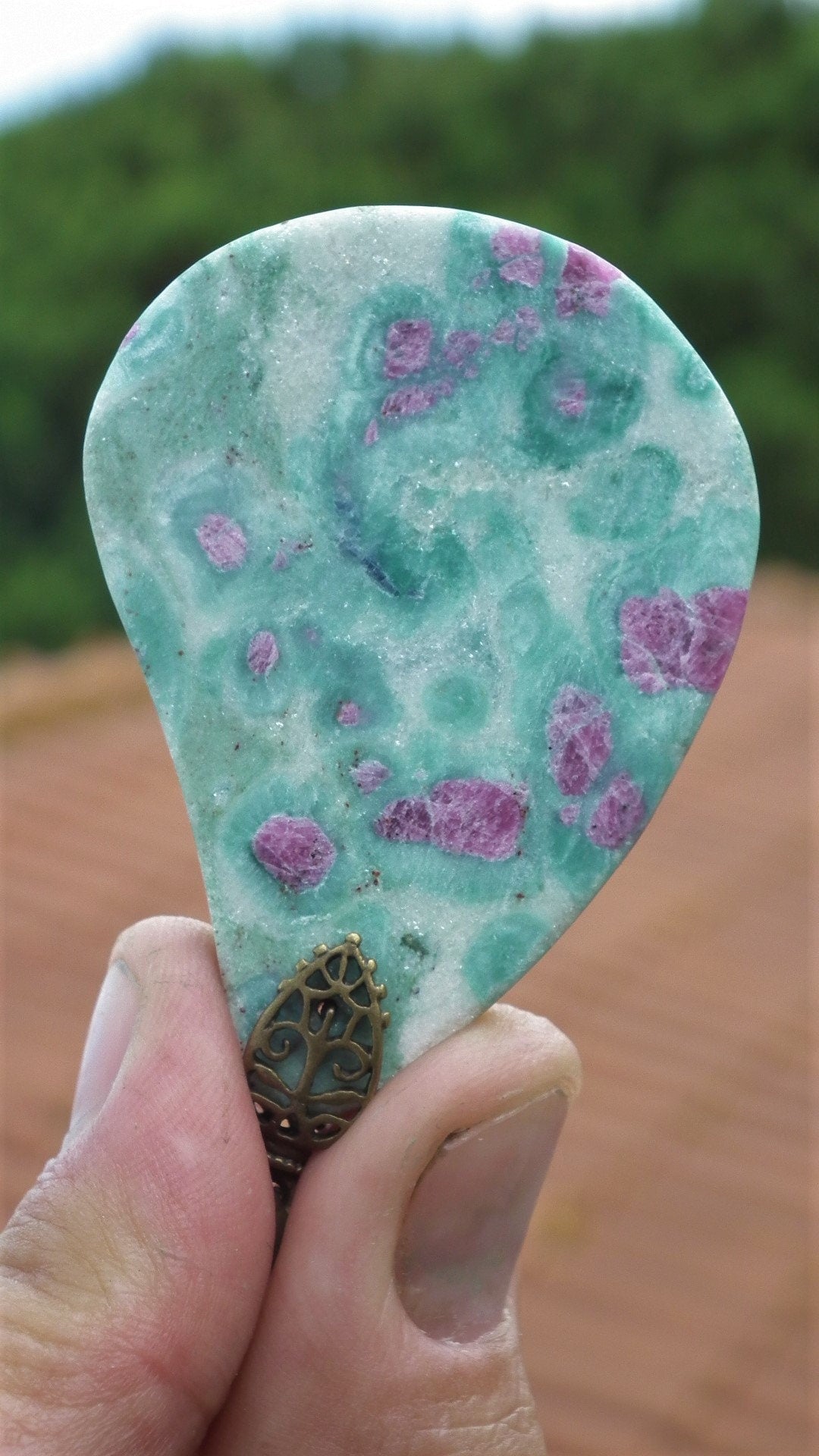 Ruby in fuchsite pendant with bronze bail