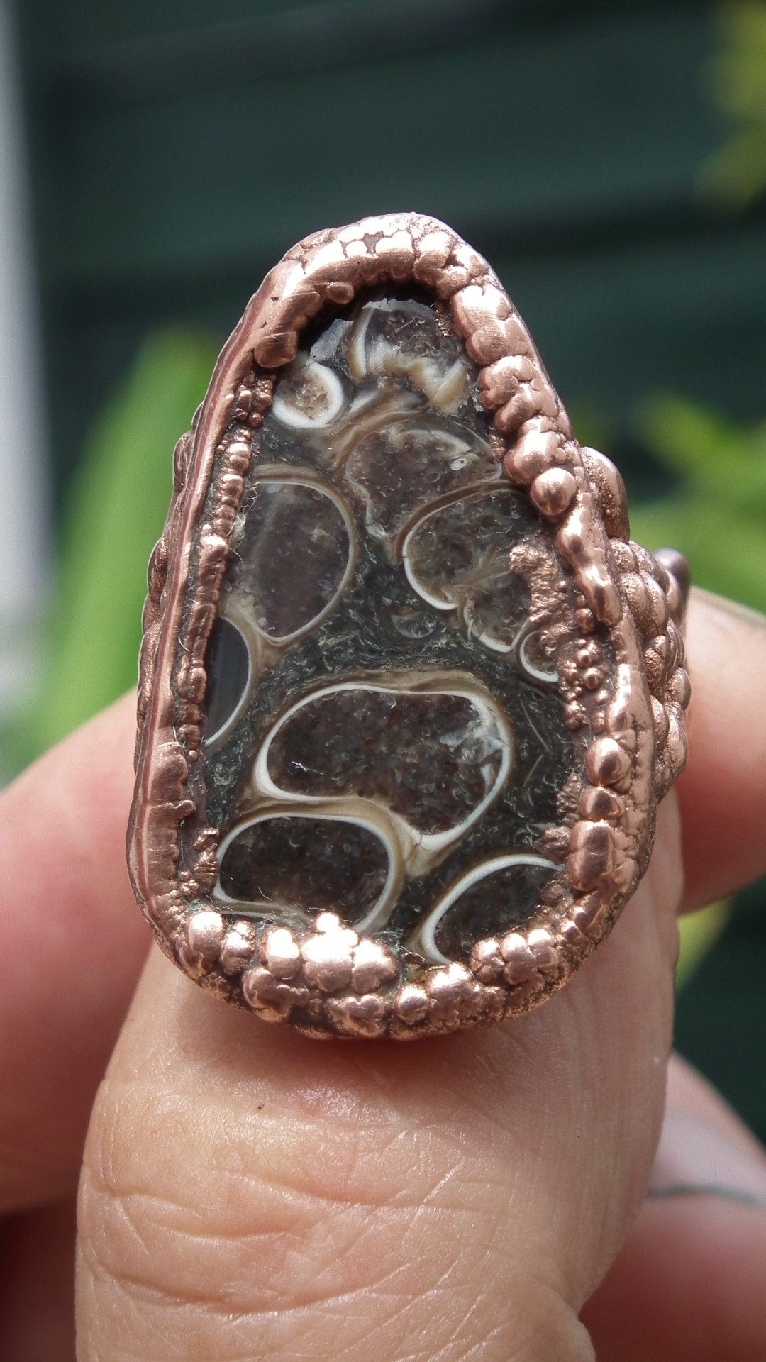 Electroformed Copper Turritella agate ring
