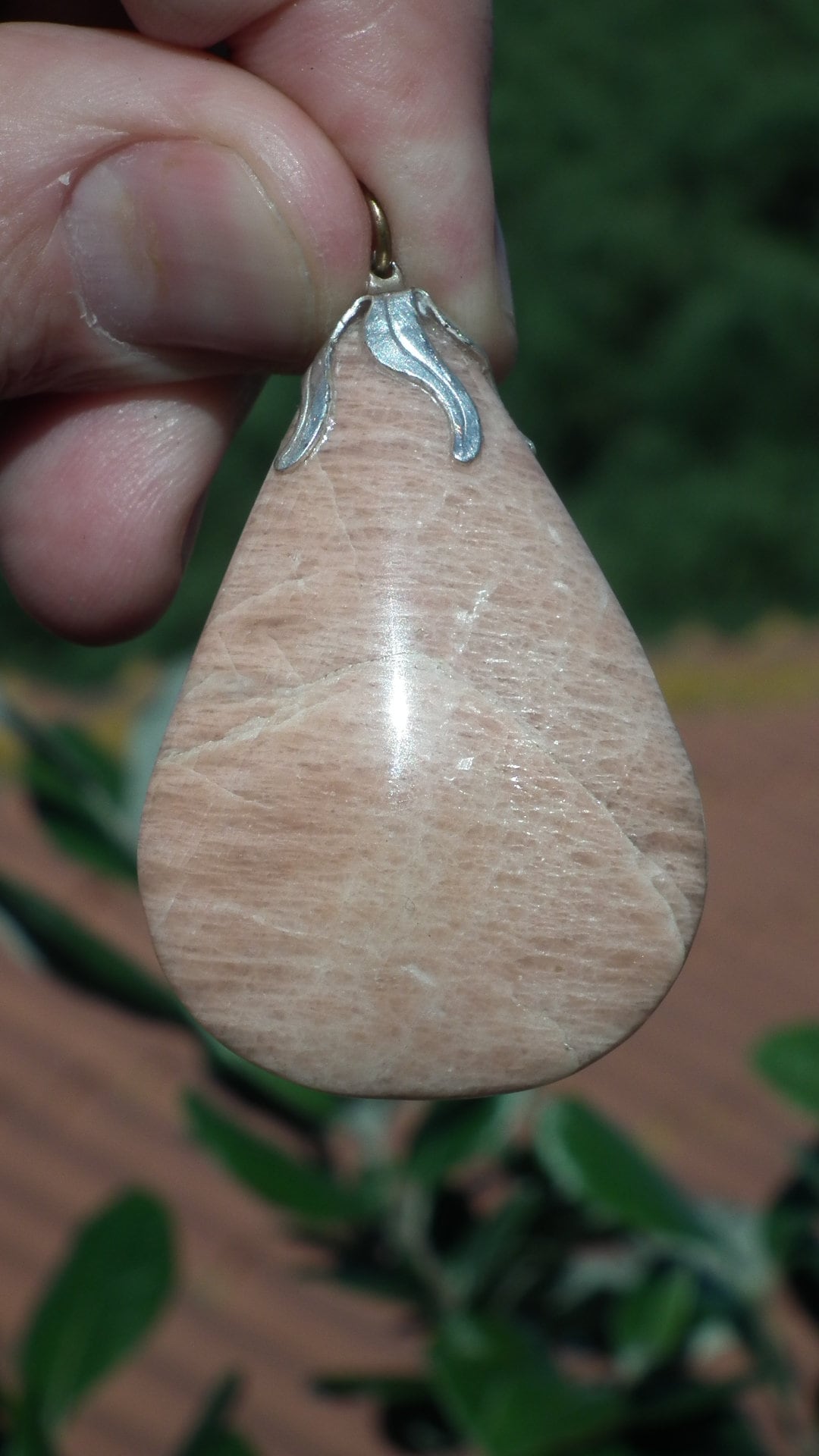 Peach moonstone necklace with silverplated bail